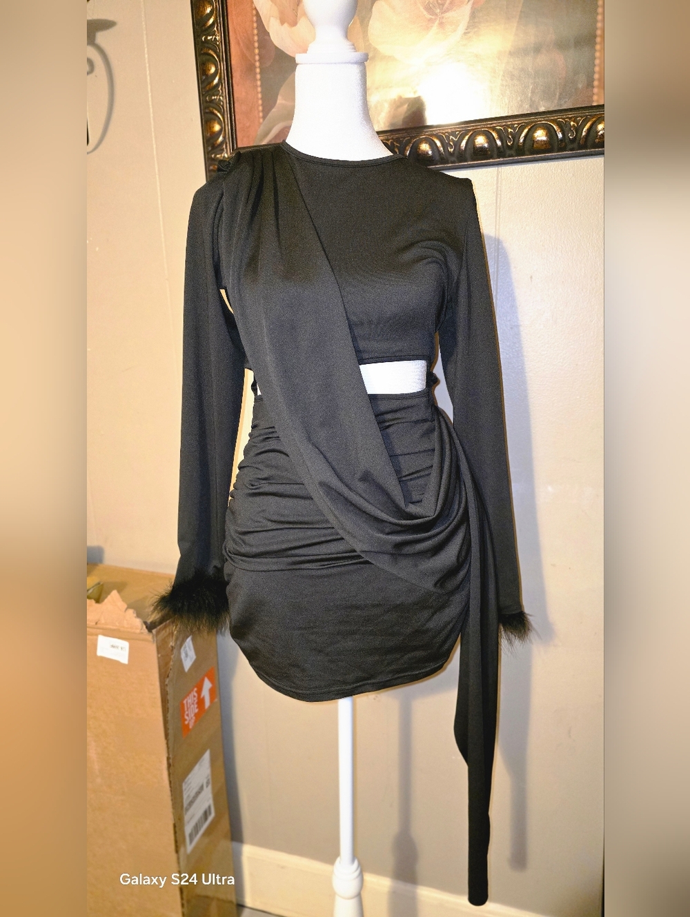 SHEIN Black Draped Side-Cut Mini Dress with Fur Cuffs